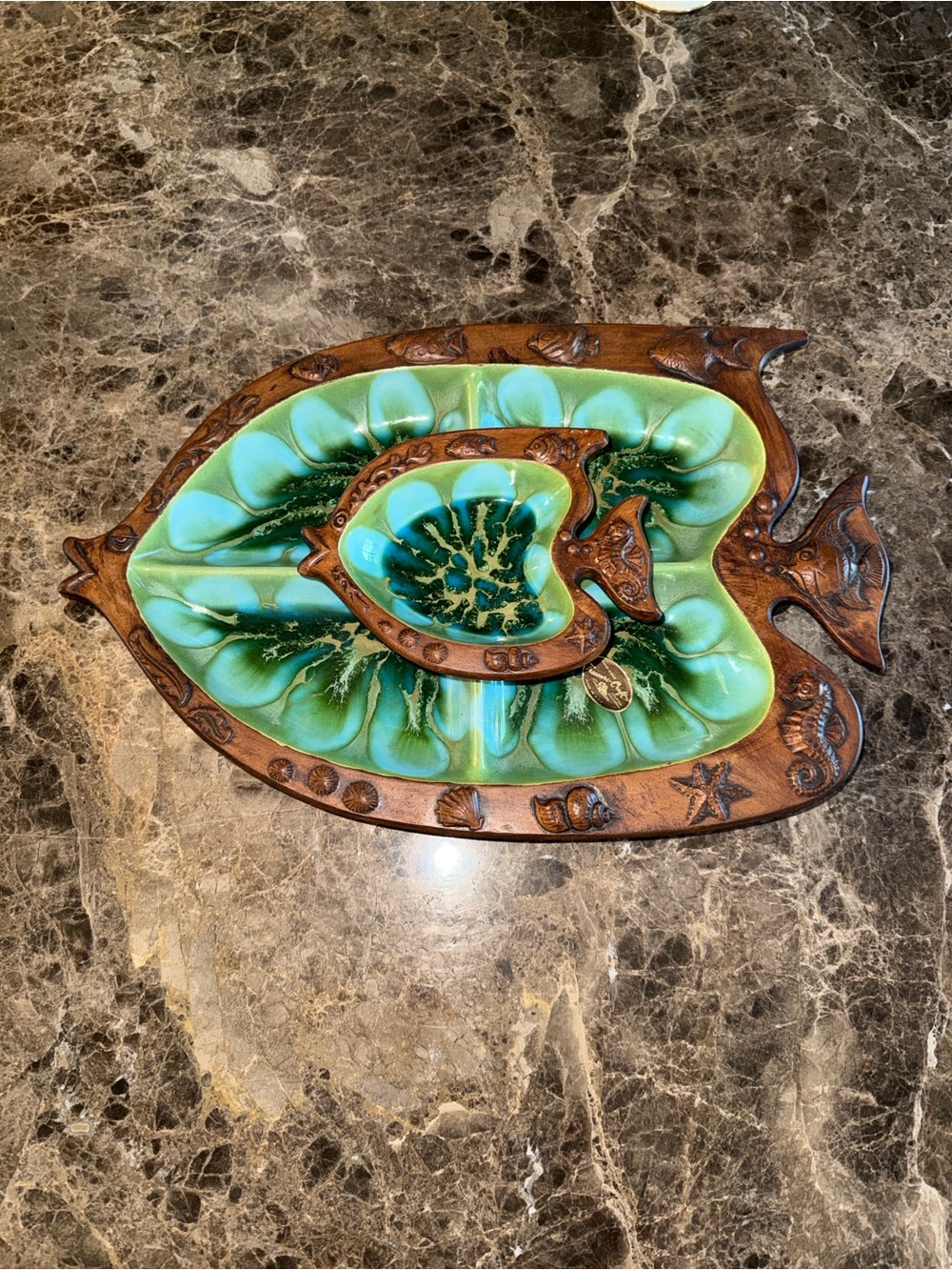 Vintage Treasure Craft Fish Serving Platter Chip And Dip Set Tiki Luau Dripware